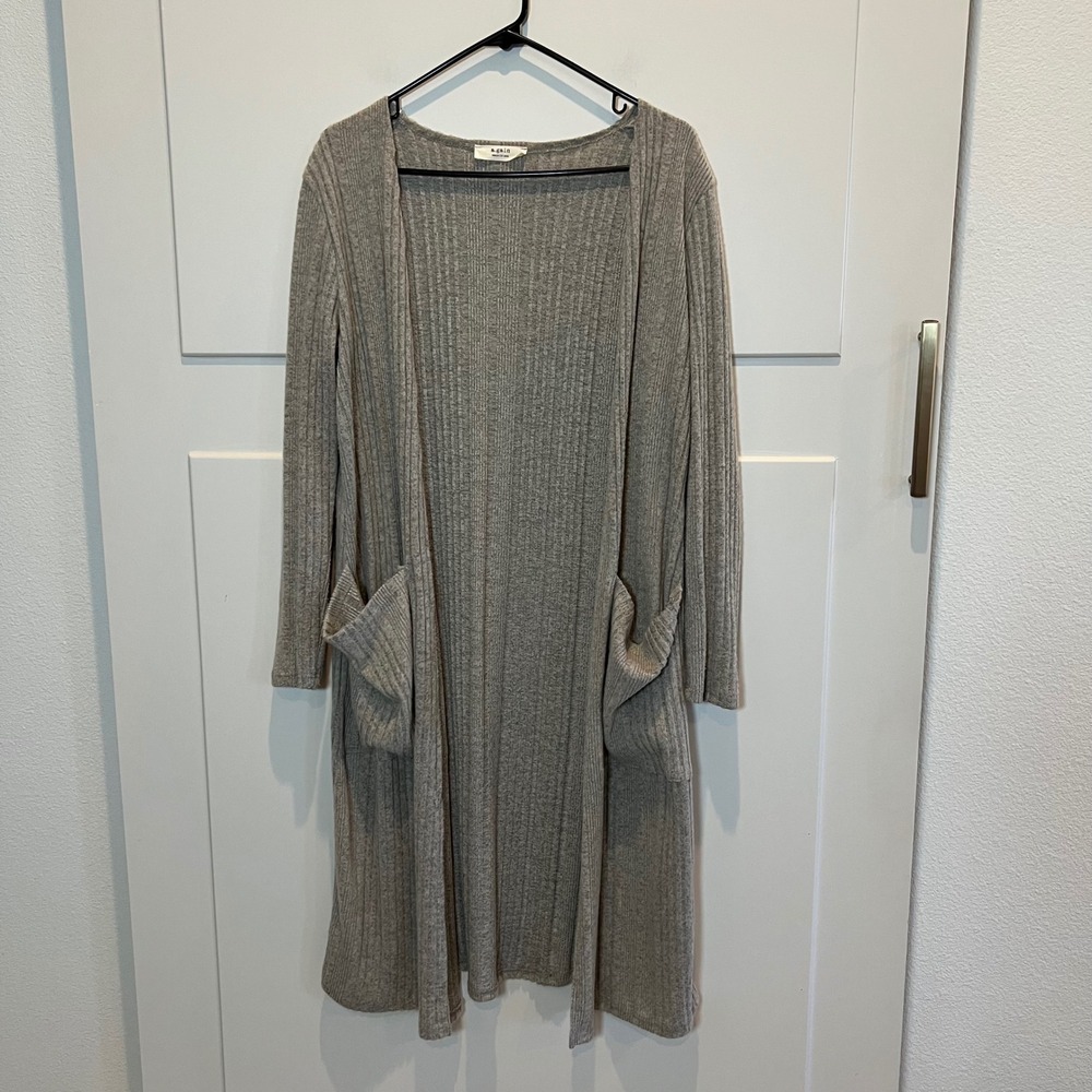A.gain Women's L Long Sleeve Ribbed Knit Cardigan Duster Pockets‎ Gray
